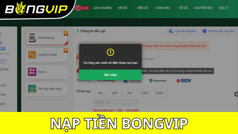 Hướng dẫn các bước nạp tiền Bongvip thành công